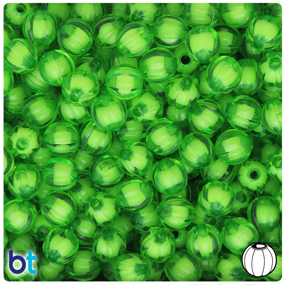 Green Transparent 10mm Melon Plastic Beads - White Core Bead (100pcs)