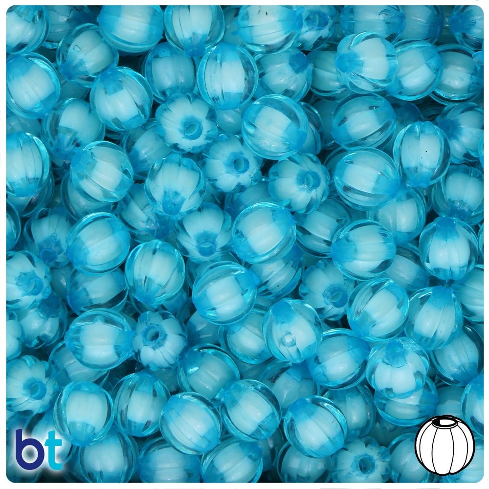 Aqua Blue Transparent 10mm Melon Plastic Beads - White Core Bead (100pcs)