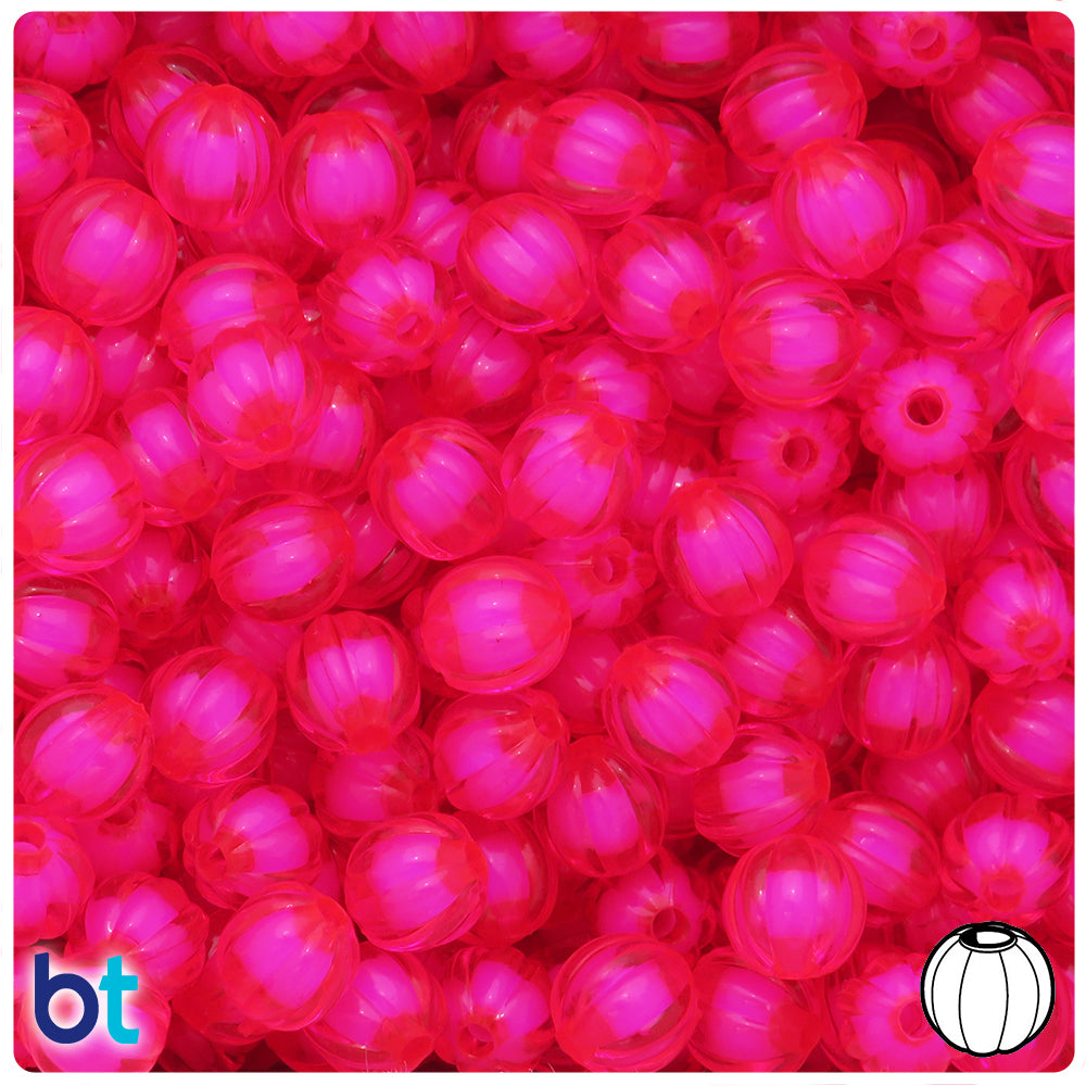 Dark Pink Transparent 10mm Melon Plastic Beads - White Core Bead (100pcs)