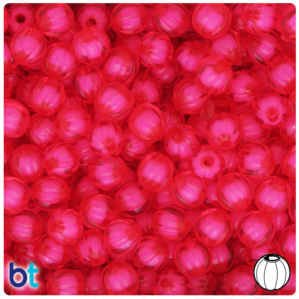 Rose Pink Transparent 10mm Melon Plastic Beads - White Core Bead (100pcs)