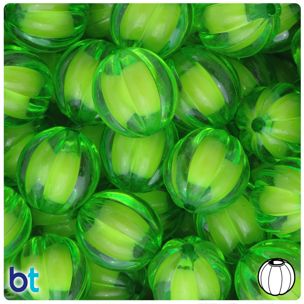 Green Transparent 20mm Melon Plastic Beads - White Core Bead (10pcs)