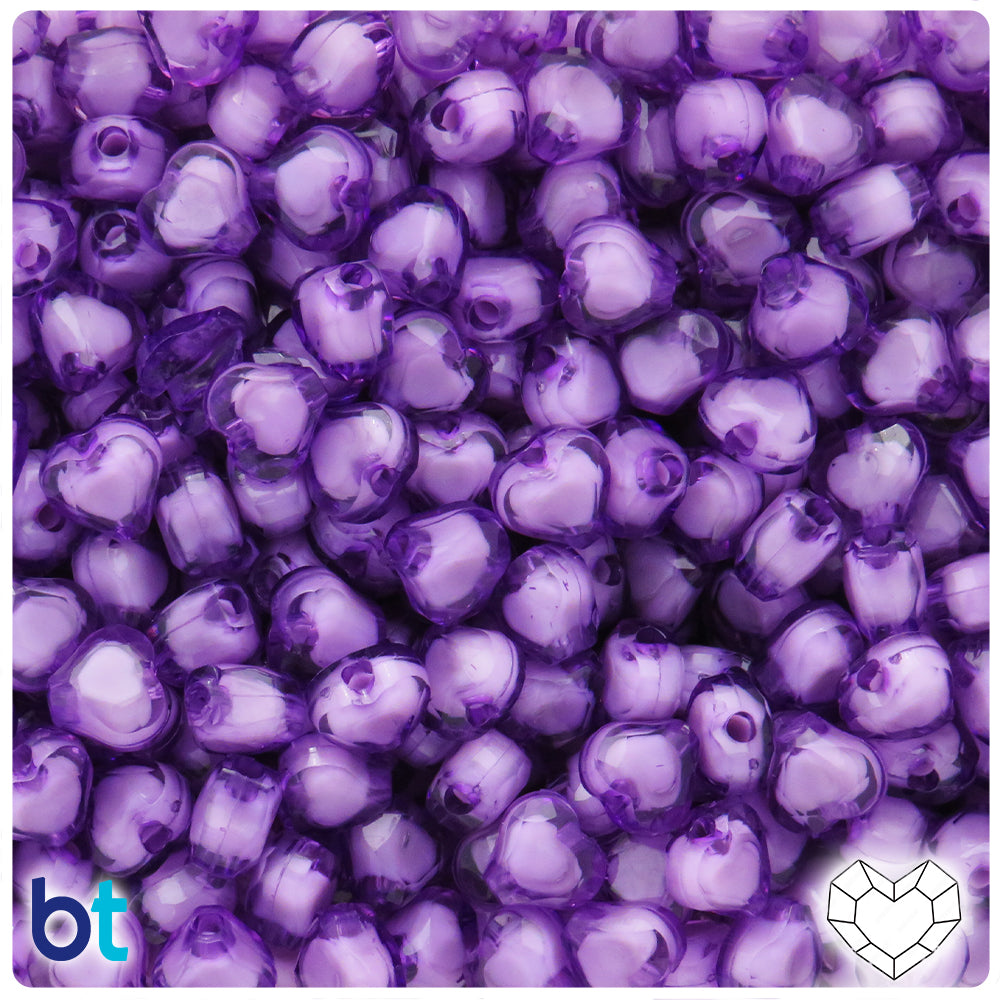 Purple Transparent 10mm Faceted Heart Plastic Beads - White Core Bead (150pcs)