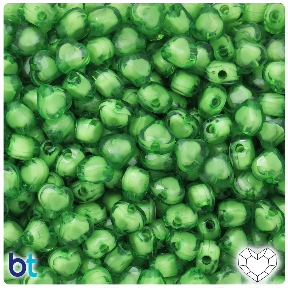 Dark Green Transparent 10mm Faceted Heart Plastic Beads - White Core Bead (150pcs)