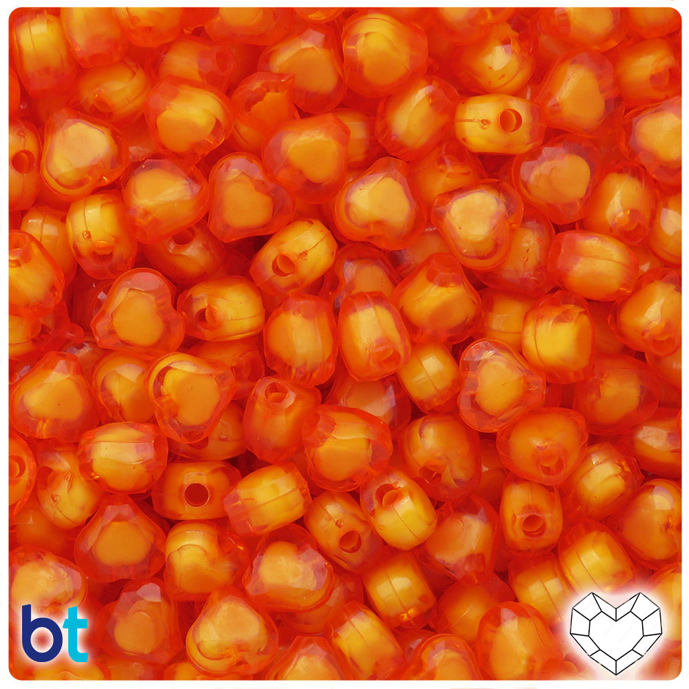 Orange Transparent 10mm Faceted Heart Plastic Beads - White Core Bead (150pcs)