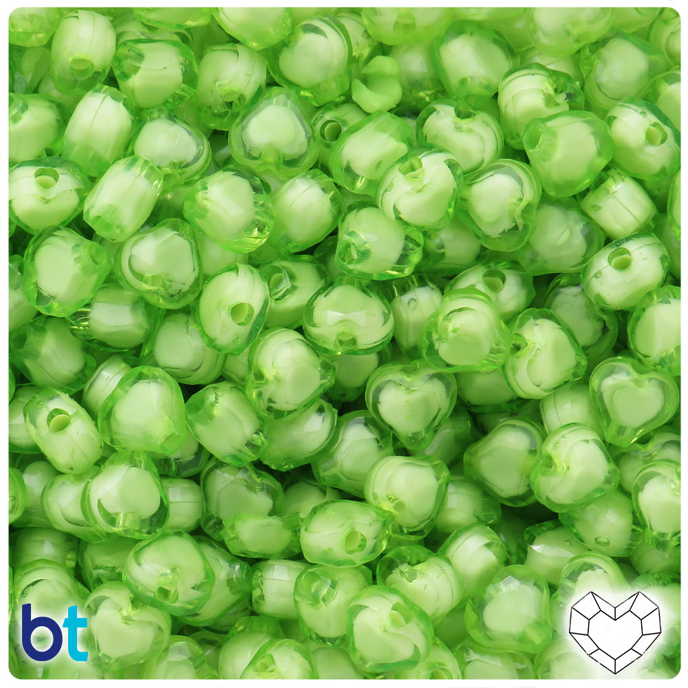 Light Green Transparent 10mm Faceted Heart Plastic Beads - White Core Bead (150pcs)