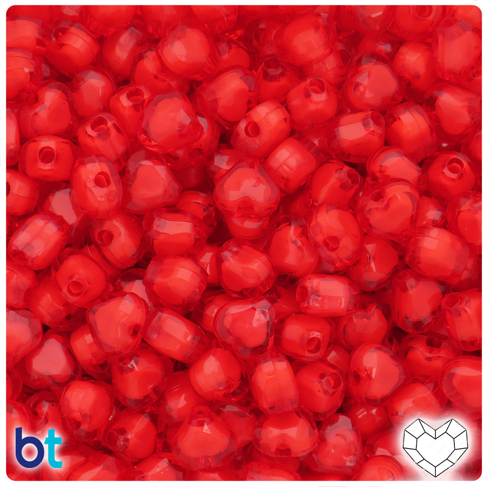 Red Transparent 10mm Faceted Heart Plastic Beads - White Core Bead (150pcs)