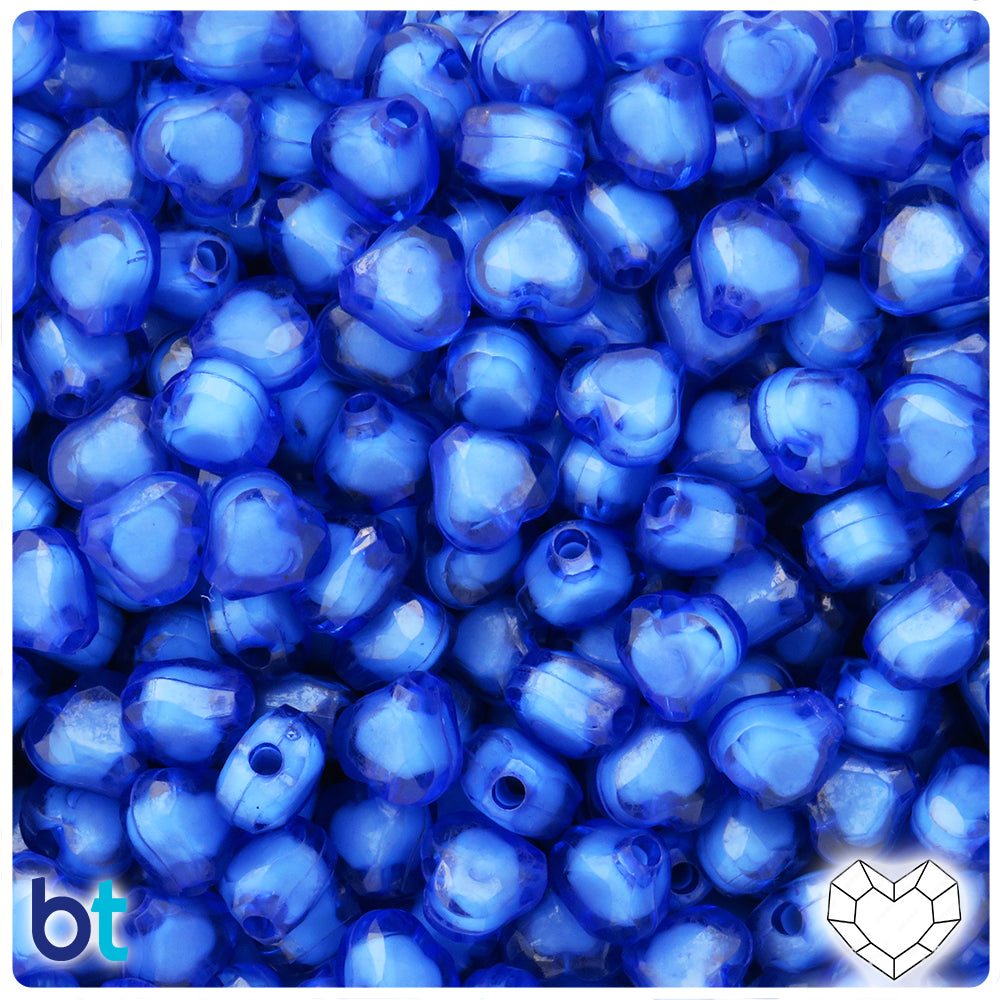 Dark Blue Transparent 10mm Faceted Heart Plastic Beads - White Core Bead (150pcs)