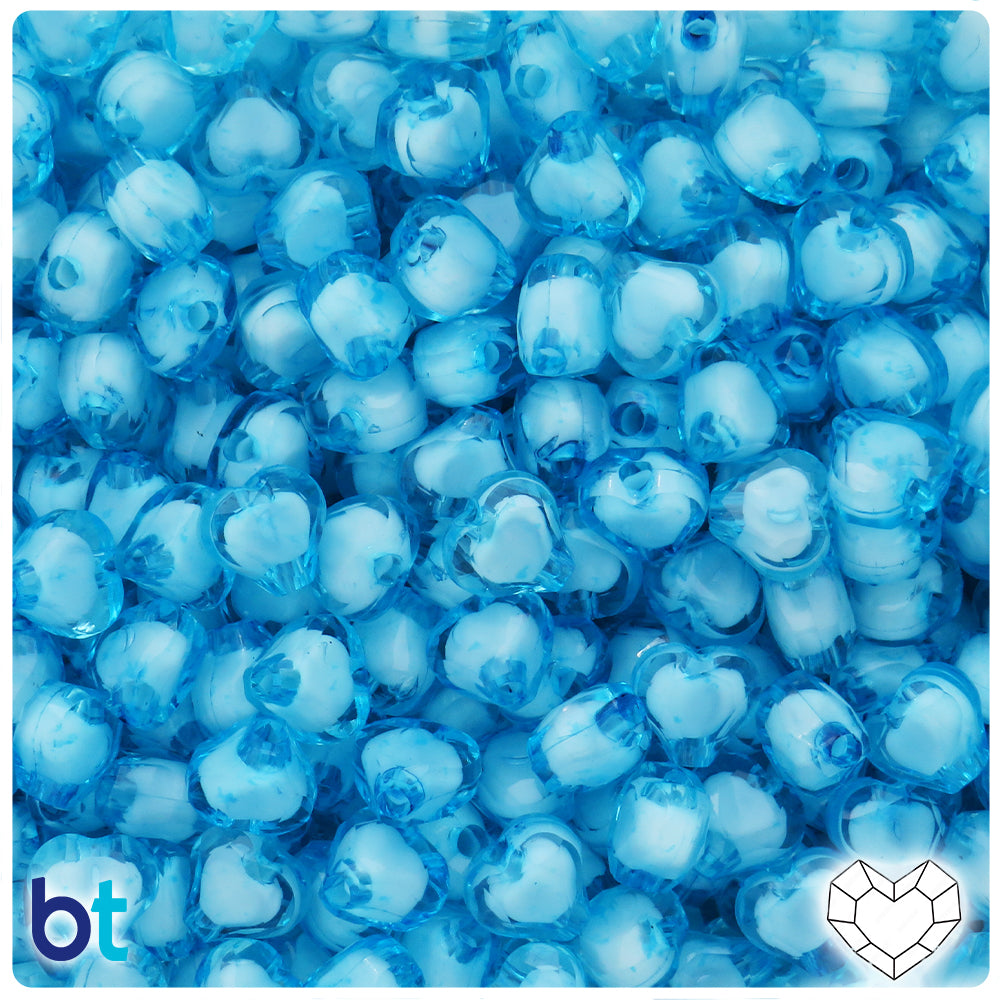 Light Blue Transparent 10mm Faceted Heart Plastic Beads - White Core Bead (150pcs)