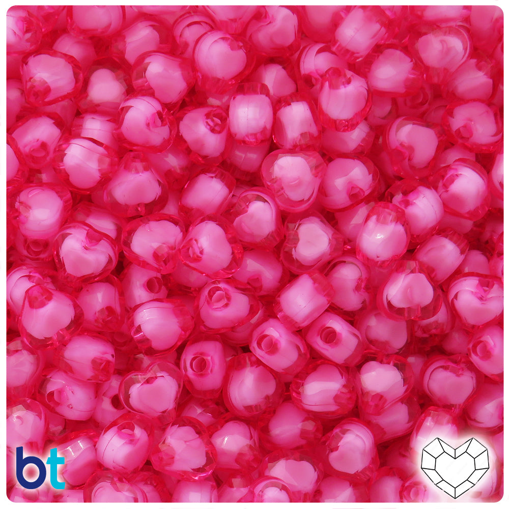 Dark Pink Transparent 10mm Faceted Heart Plastic Beads - White Core Bead (150pcs)