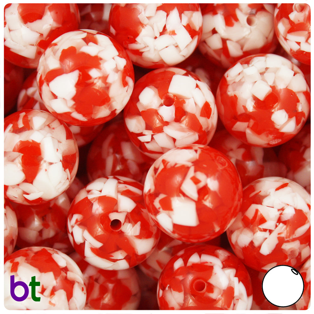 Red Transparent 20mm Round Plastic Beads - White Chips (10pcs)