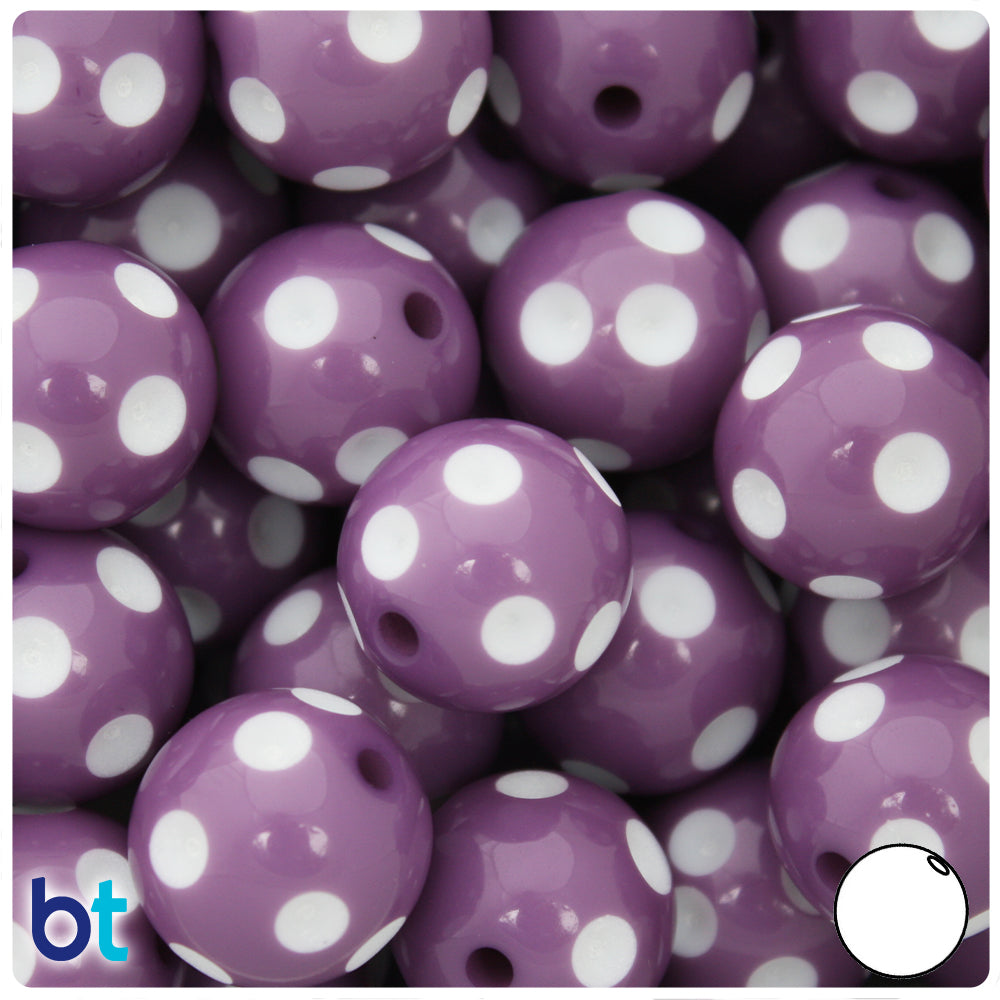Purple Opaque 20mm Round Plastic Beads - White Polka Dots (10pcs)