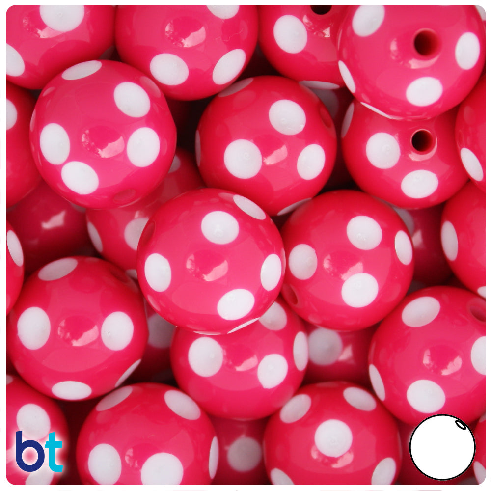 Dark Pink Opaque 20mm Round Plastic Beads - White Polka Dots (10pcs)