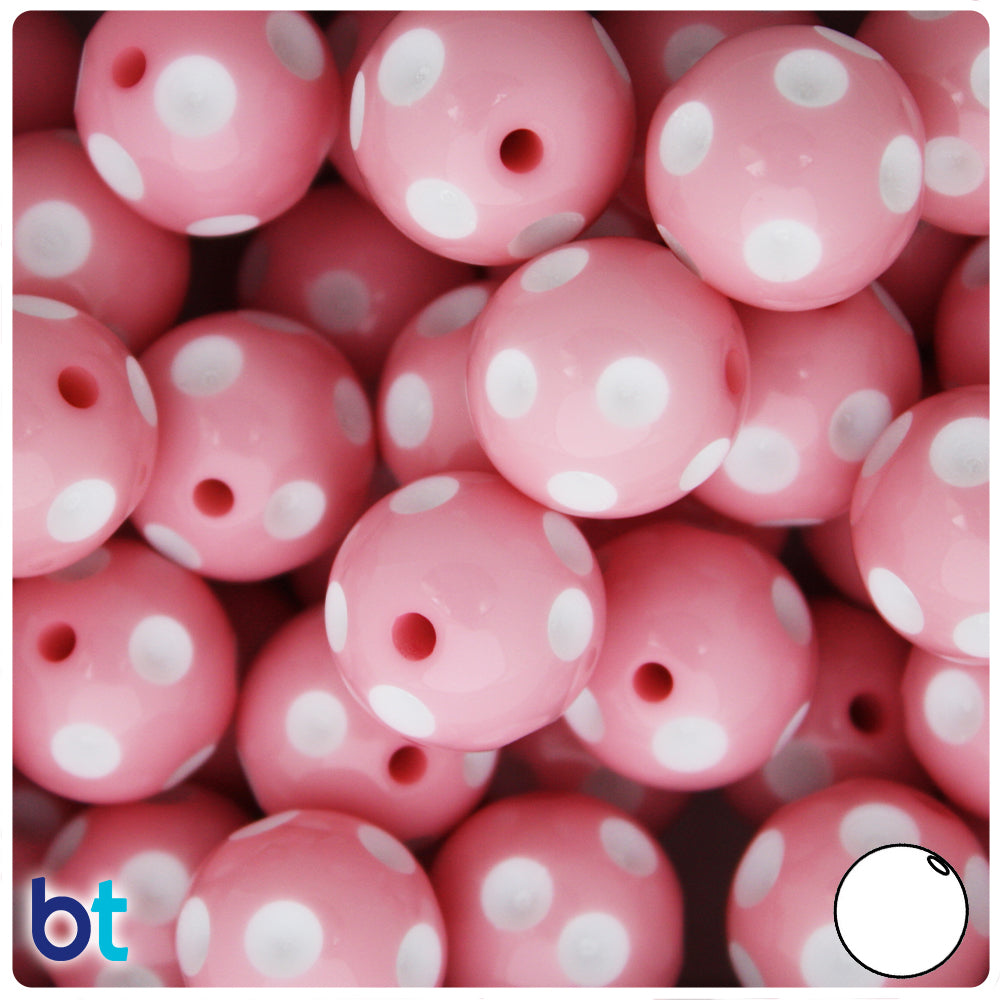 Light Pink Opaque 20mm Round Plastic Beads - White Polka Dots (10pcs)