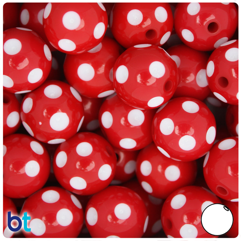 Red Opaque 20mm Round Plastic Beads - White Polka Dots (10pcs)