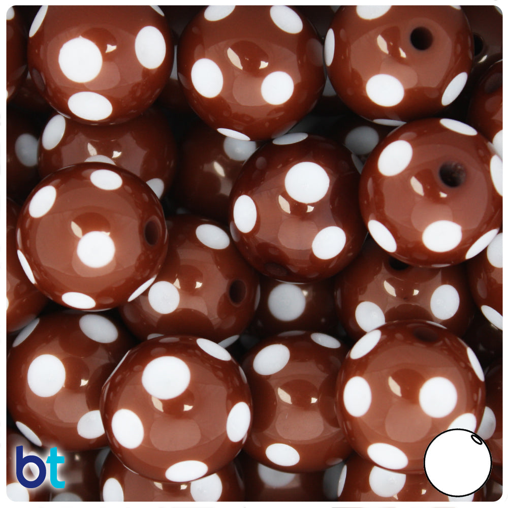 Brown Opaque 20mm Round Plastic Beads - White Polka Dots (10pcs)