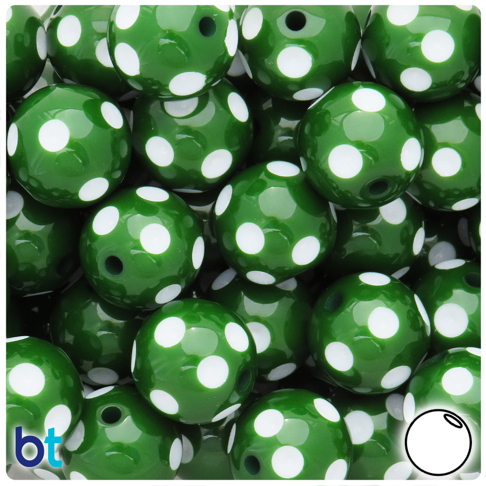 Dark Green Opaque 20mm Round Plastic Beads - White Polka Dots (10pcs)