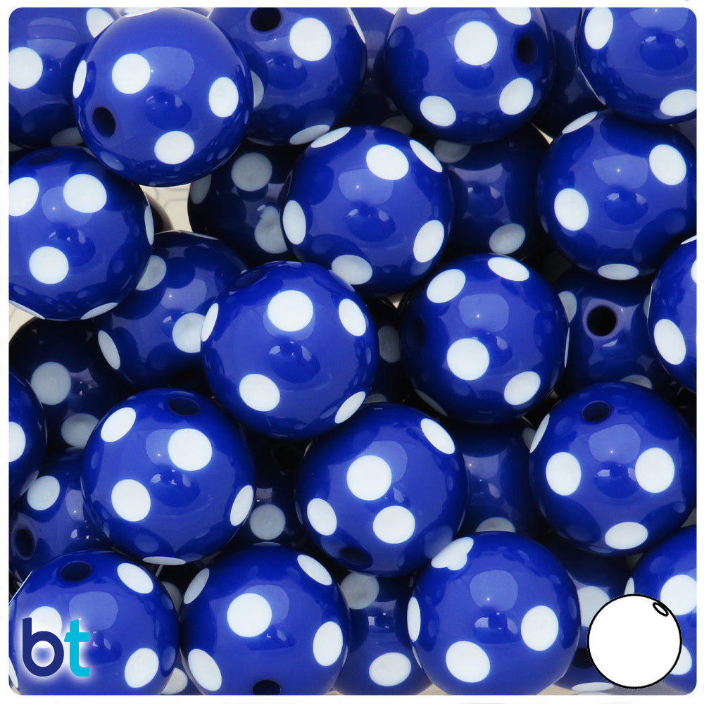 Dark Blue Opaque 20mm Round Plastic Beads - White Polka Dots (10pcs)