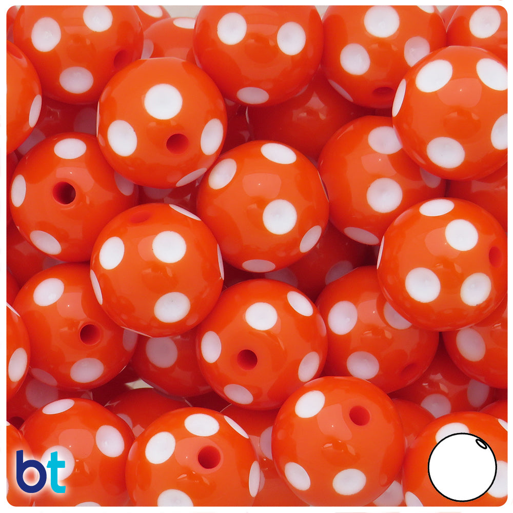Orange Opaque 20mm Round Plastic Beads - White Polka Dots (10pcs)