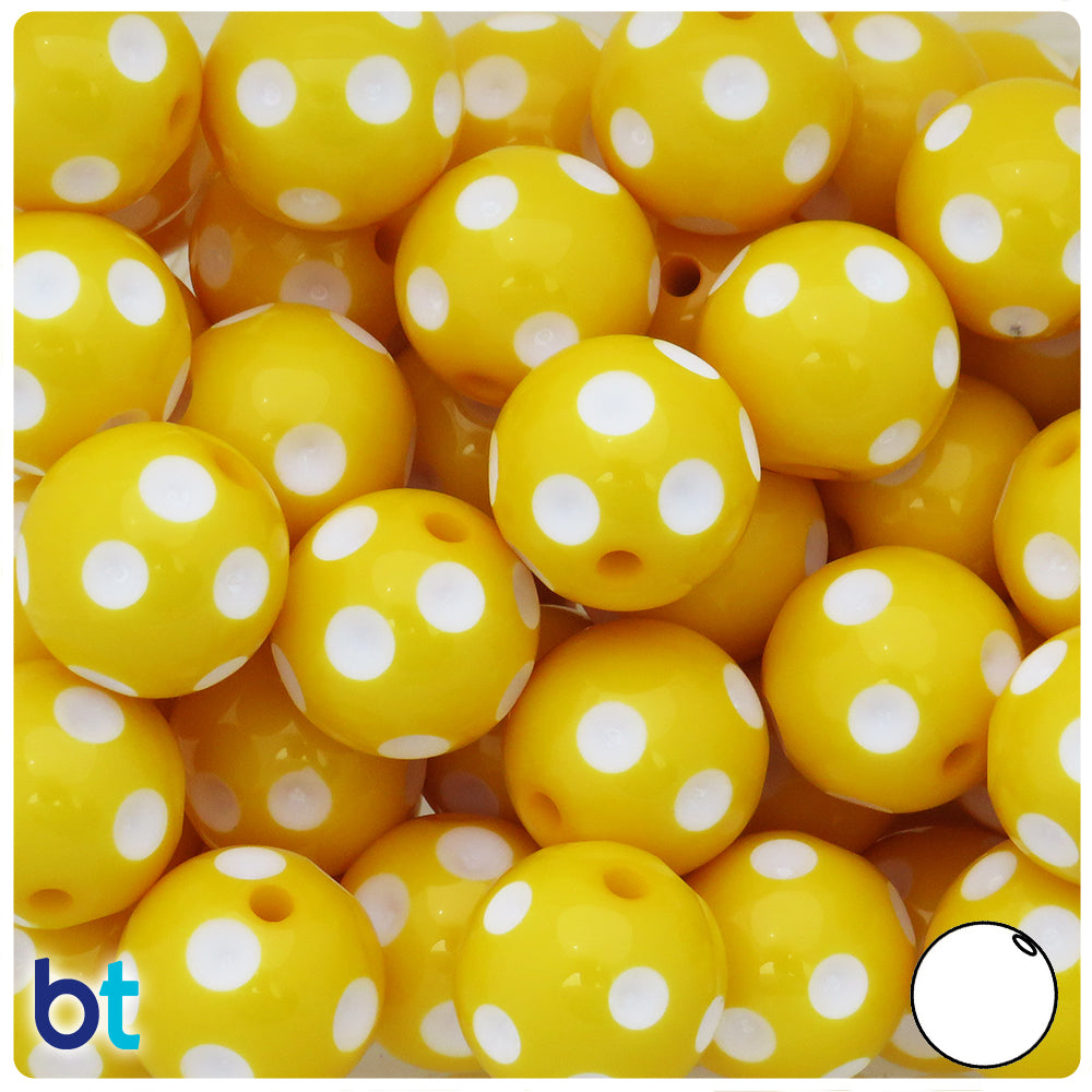 Yellow Opaque 20mm Round Plastic Beads - White Polka Dots (10pcs)
