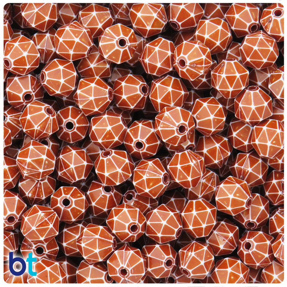 Brown Opaque 10mm Faceted Polygon Plastic Beads - White Washed (100pcs)