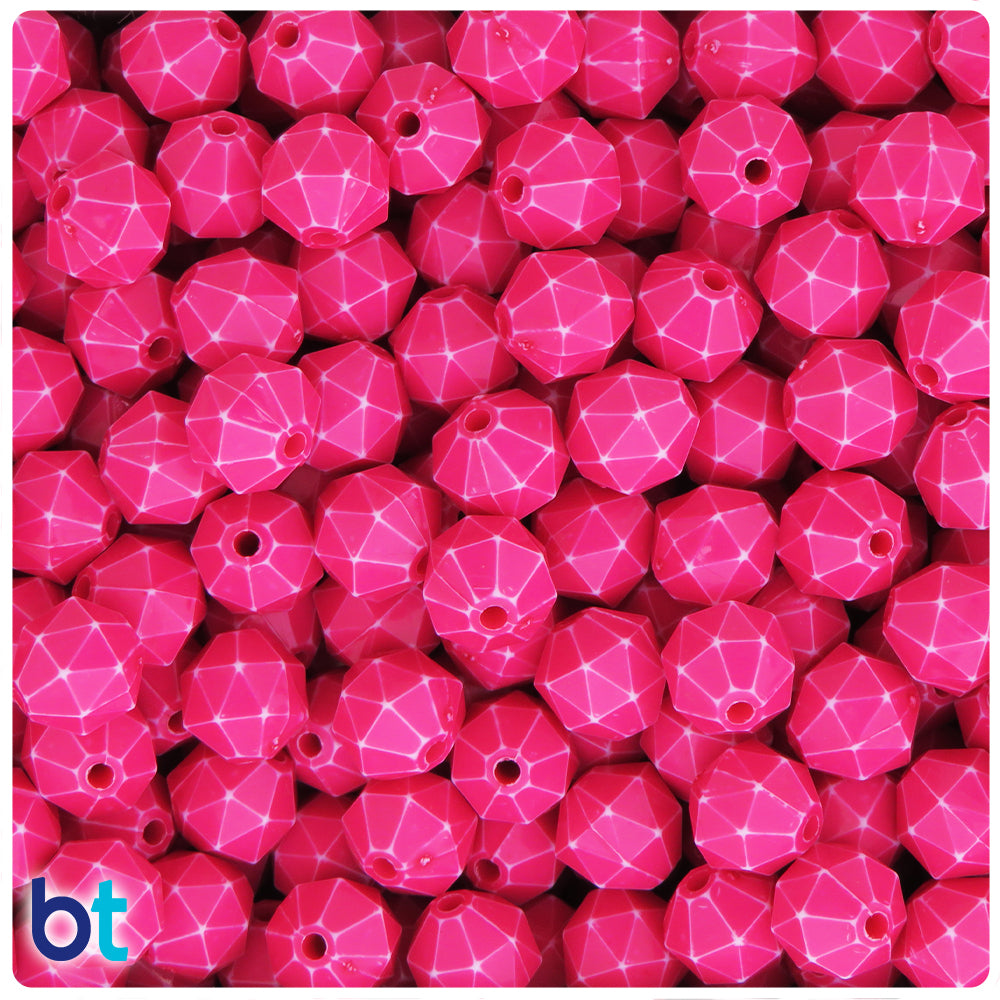 Dark Pink Opaque 10mm Faceted Polygon Plastic Beads - White Washed (100pcs)
