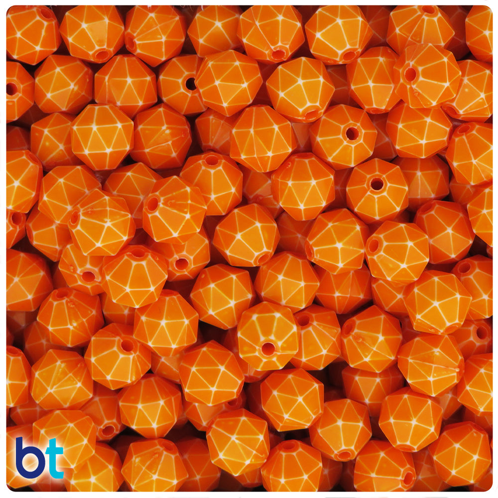 Orange Opaque 10mm Faceted Polygon Plastic Beads - White Washed (100pcs)