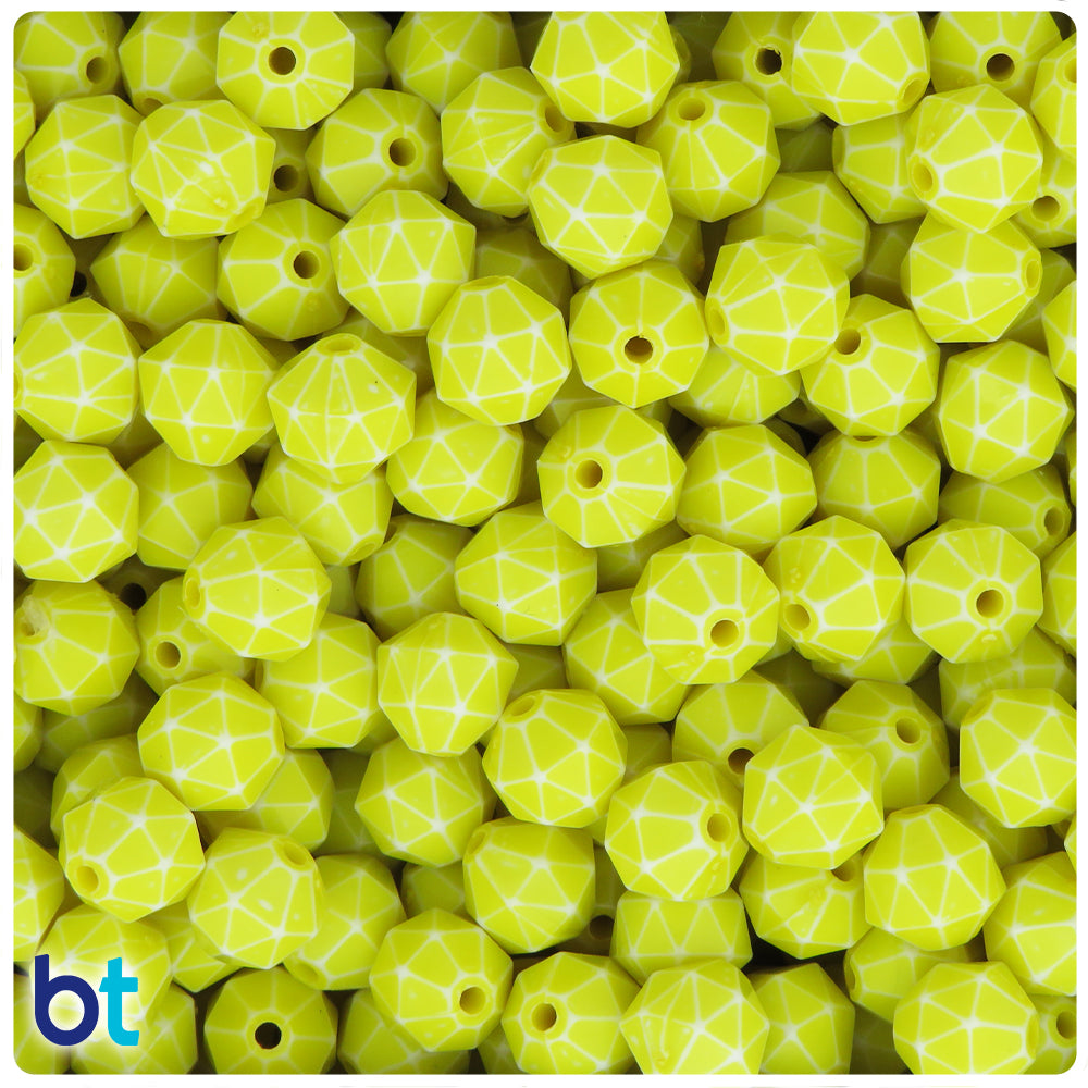 Yellow Opaque 10mm Faceted Polygon Plastic Beads - White Washed (100pcs)