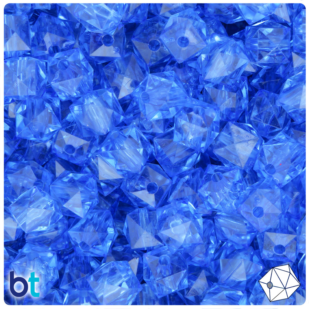 Blue Transparent 10mm Faceted Cube Plastic Beads (100pcs)