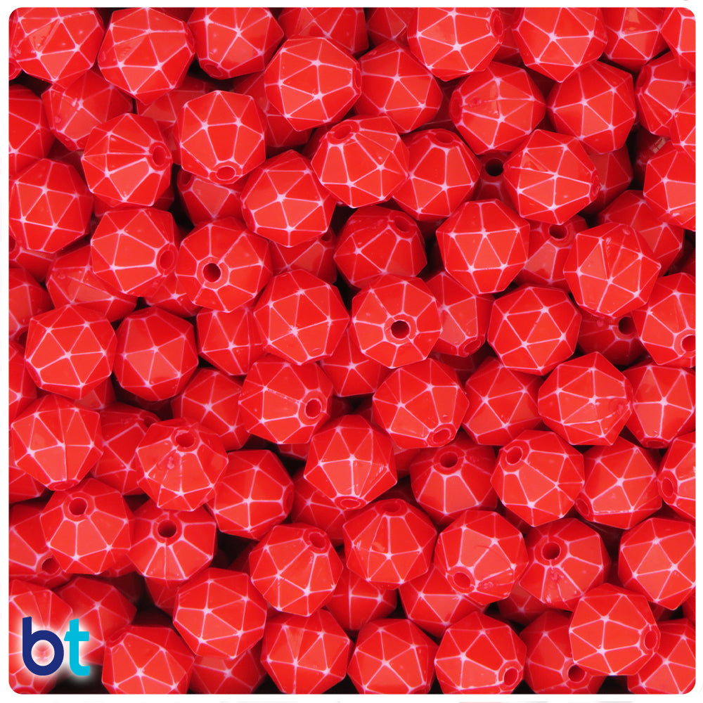 Red Opaque 10mm Faceted Polygon Plastic Beads - White Washed (100pcs)