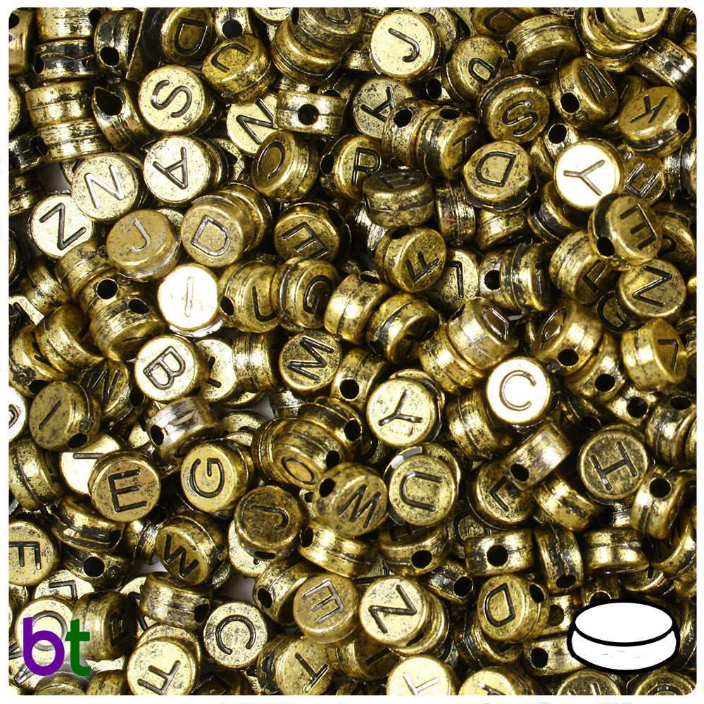 Gold Metallic 7mm Coin Alpha Beads - Black letter Mix (250pcs)