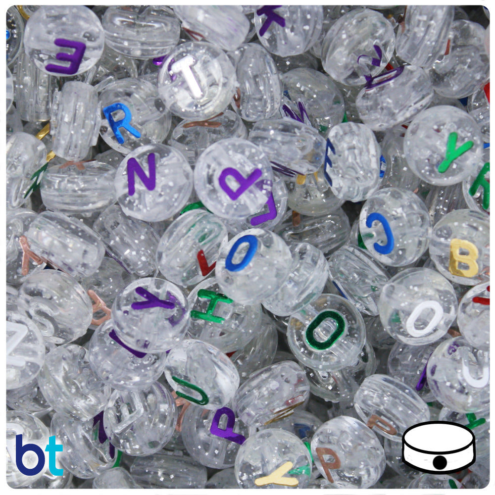 Silver Sparkle 10mm Coin Alpha Beads - Colored Letter Mix (144pcs)