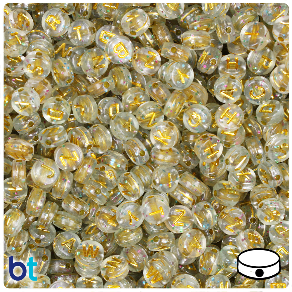 Clear Sparkle 7mm Coin Alpha Beads - Gold Letter Mix (250pcs)