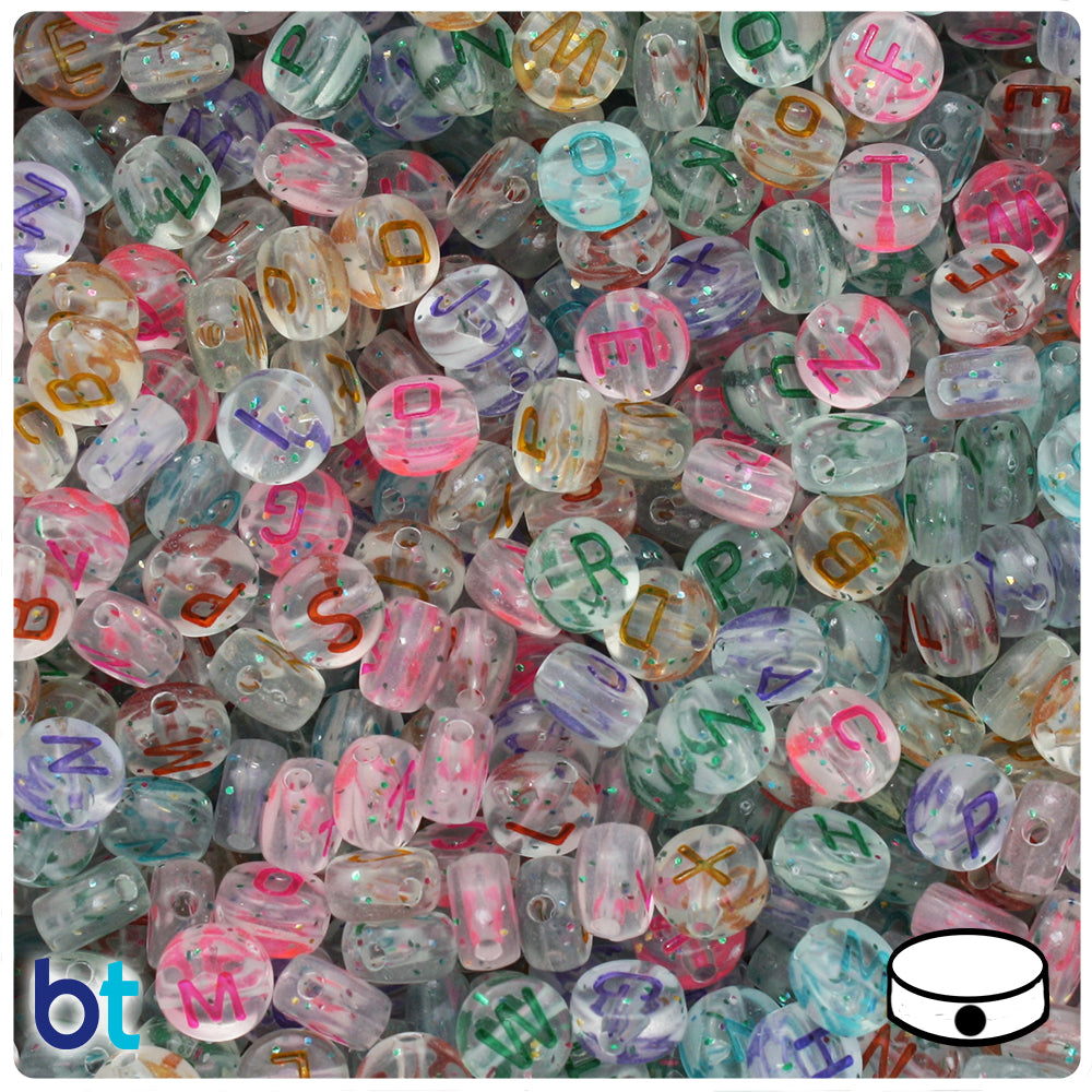 Clear Sparkle 7mm Coin Alpha Beads - Colored Letter Mix (250pcs)