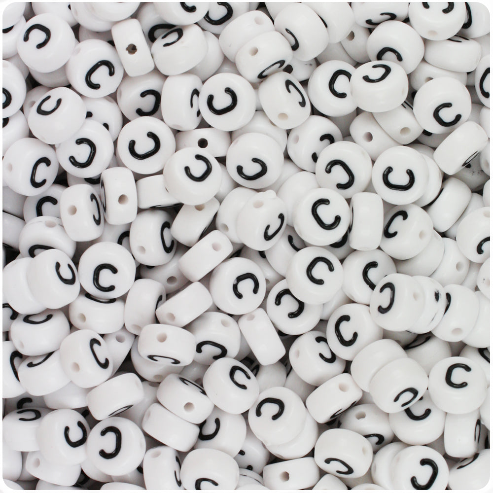 White Opaque 7mm Coin Alpha Beads - Black Letter C (100pcs)