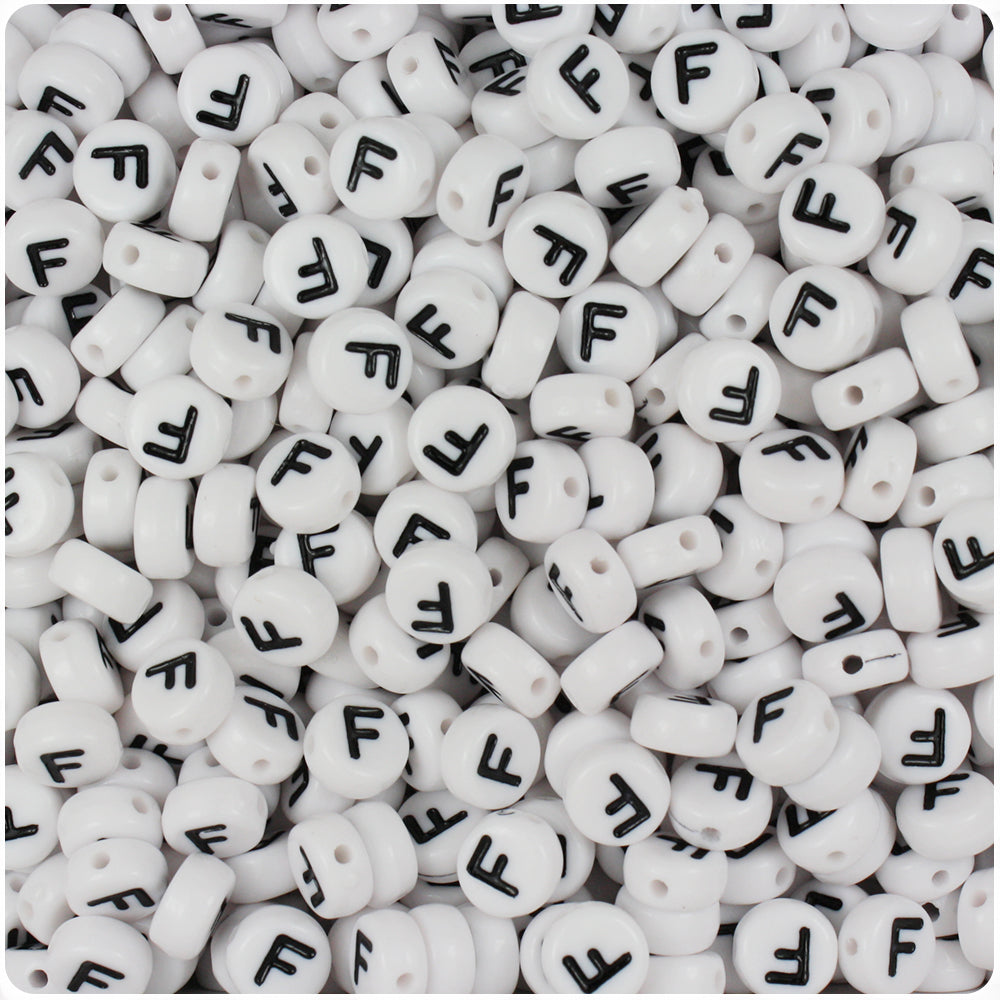 White Opaque 7mm Coin Alpha Beads - Black Letter F (100pcs)