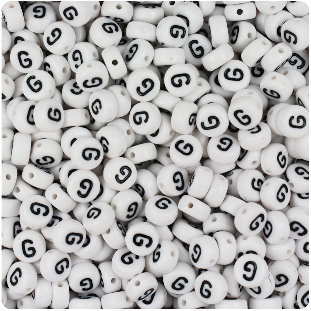 White Opaque 7mm Coin Alpha Beads - Black Letter G (100pcs)