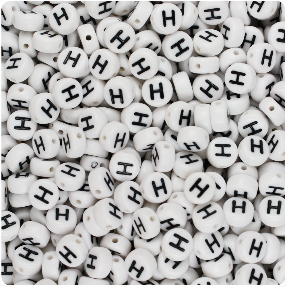 White Opaque 7mm Coin Alpha Beads - Black Letter H (100pcs)