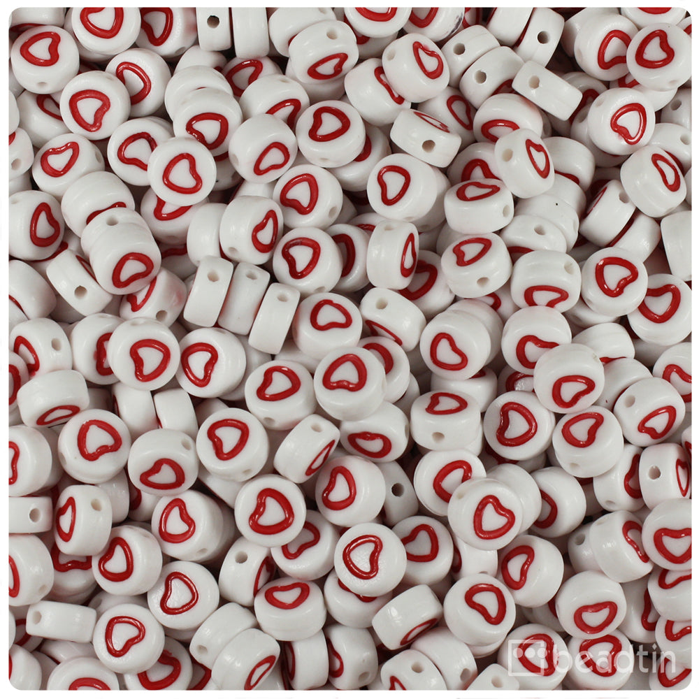 White Opaque 7mm Coin Alpha Beads - Red Hollow Hearts (250pcs)