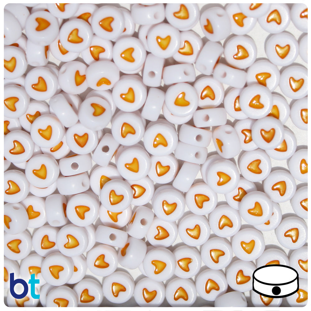 White Opaque 7mm Coin Alpha Beads - Orange Hearts (250pcs)