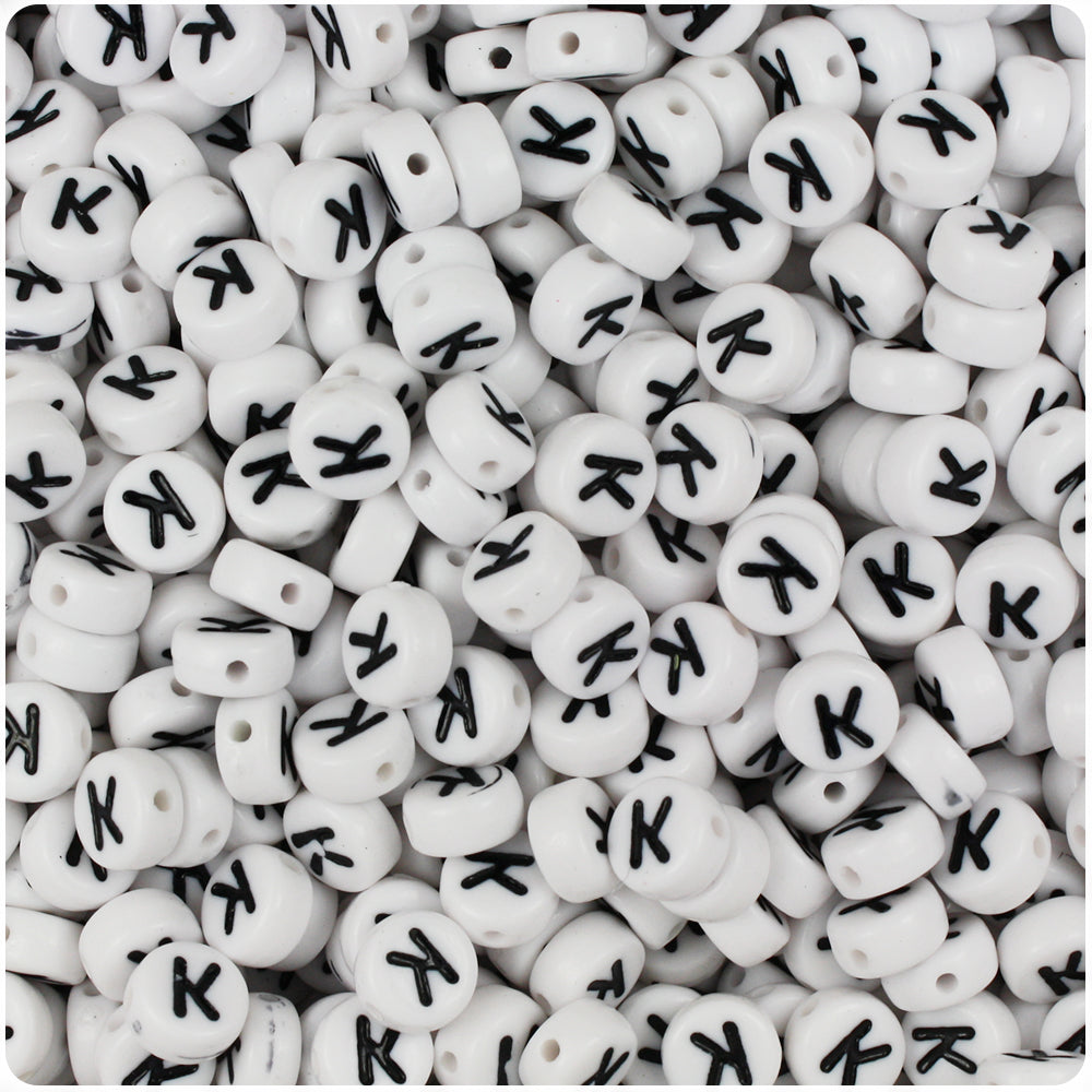 White Opaque 7mm Coin Alpha Beads - Black Letter K (100pcs)
