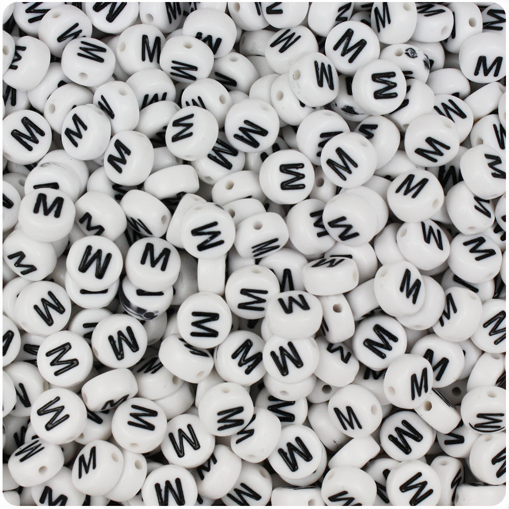 White Opaque 7mm Coin Alpha Beads - Black Letter M (100pcs)
