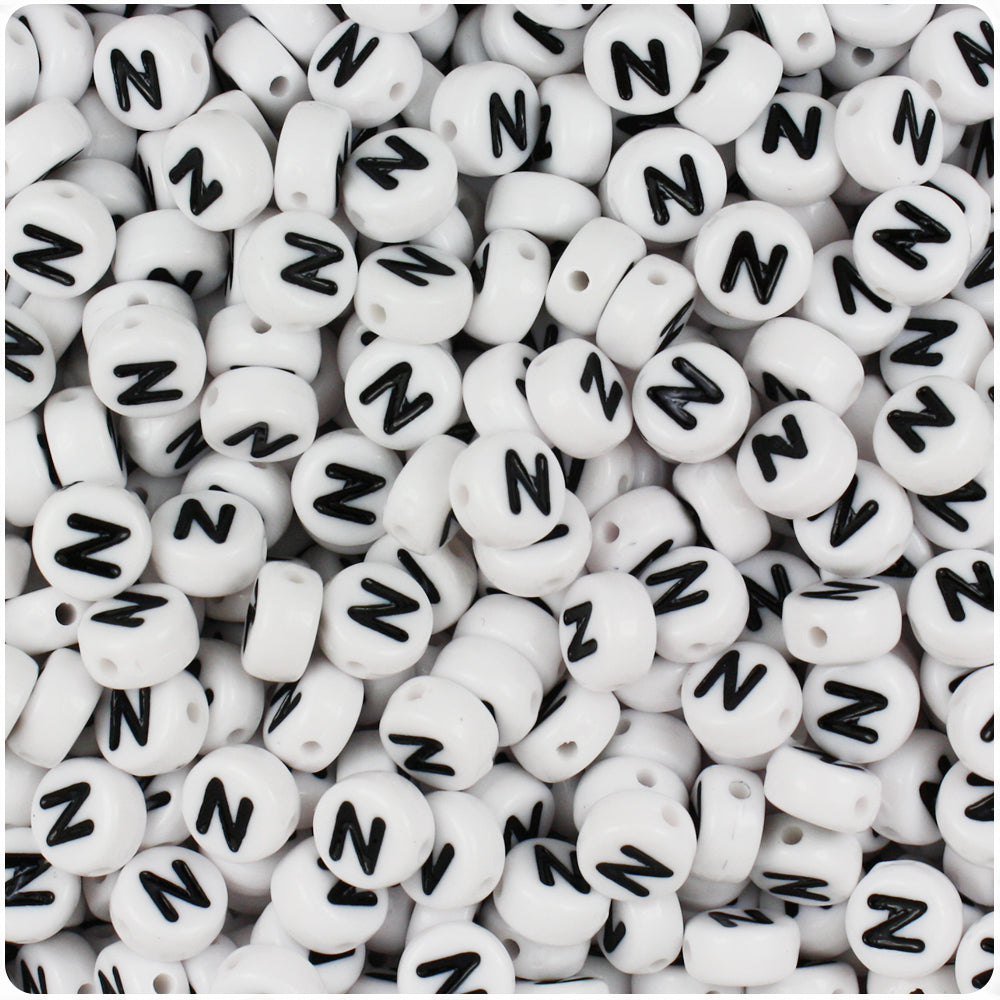 White Opaque 7mm Coin Alpha Beads - Black Letter N (100pcs)