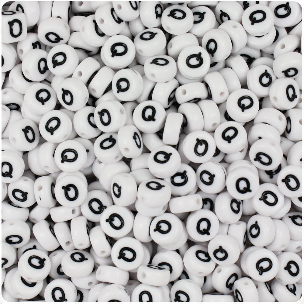 White Opaque 7mm Coin Alpha Beads - Black Letter Q (100pcs)