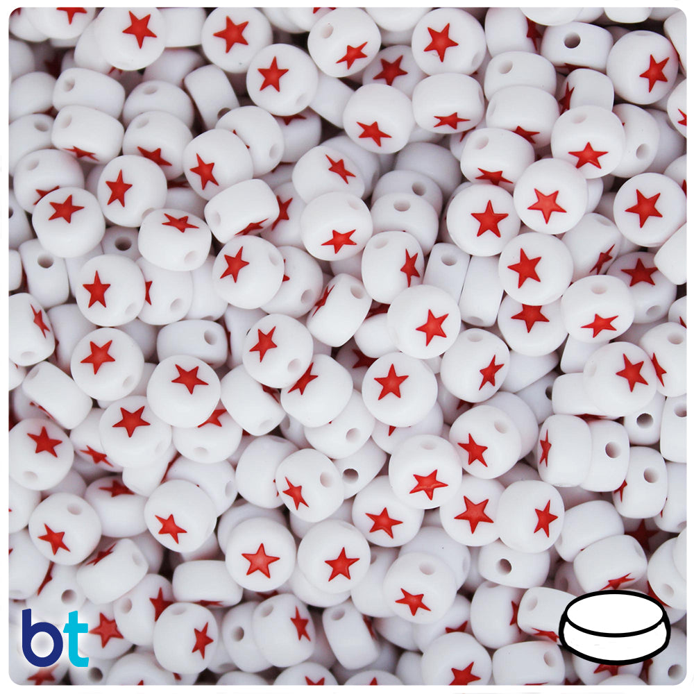 White Opaque 7mm Coin Alpha Beads - Red Stars (250pcs)