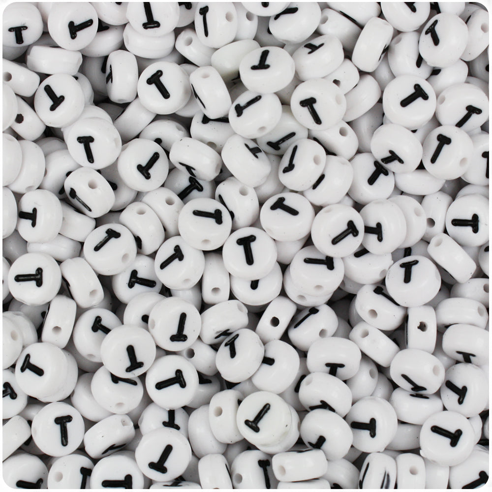 White Opaque 7mm Coin Alpha Beads - Black Letter T (100pcs)