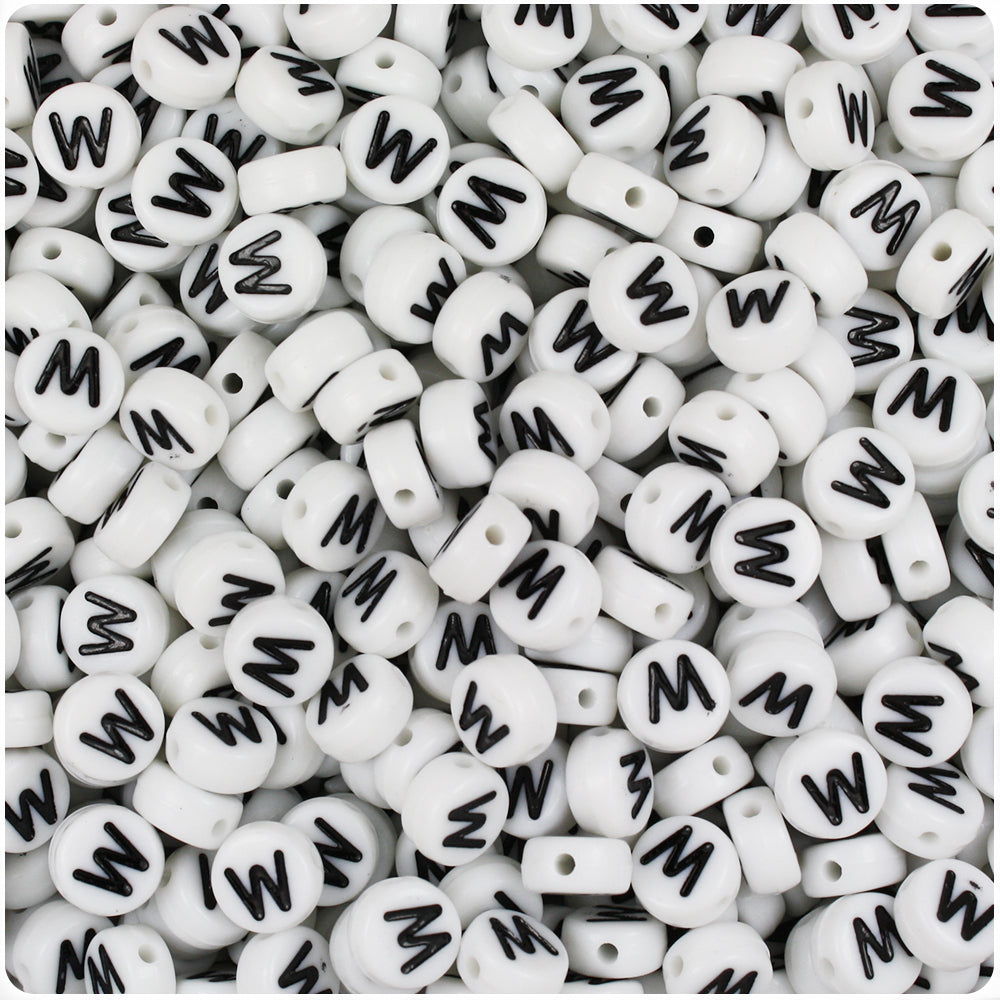 White Opaque 7mm Coin Alpha Beads - Black Letter W (100pcs)