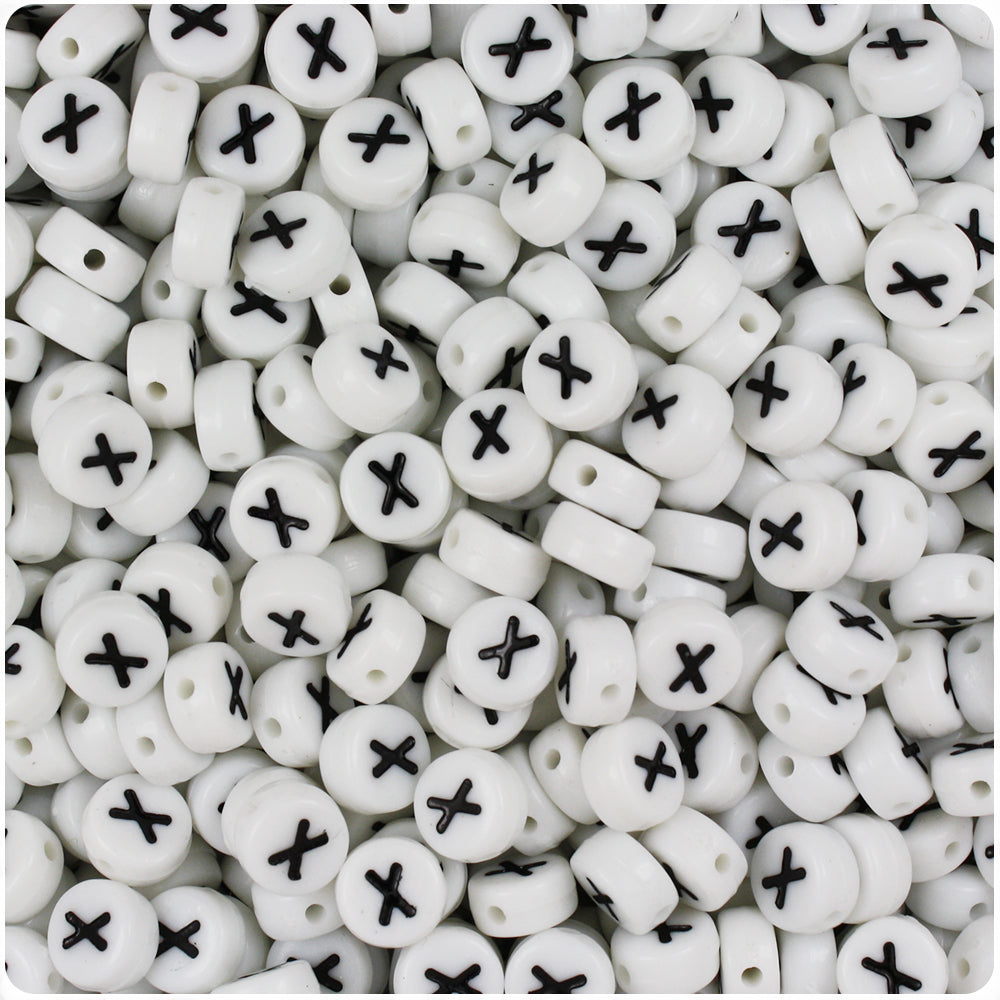 White Opaque 7mm Coin Alpha Beads - Black Letter X (100pcs)