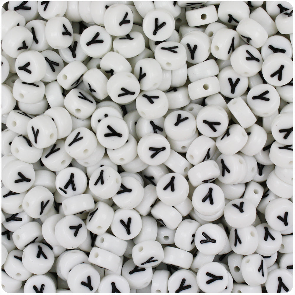 White Opaque 7mm Coin Alpha Beads - Black Letter Y (100pcs)