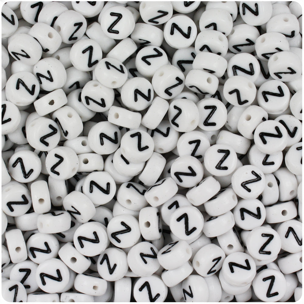 White Opaque 7mm Coin Alpha Beads - Black Letter Z (100pcs)