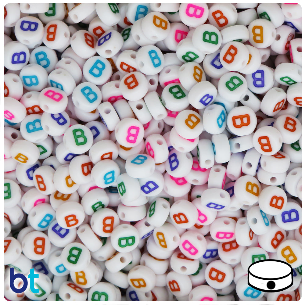 White Opaque 7mm Coin Alpha Beads - Colored Letter B (100pcs)